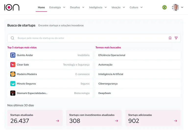 Busca de startups na plataforma ÍON
