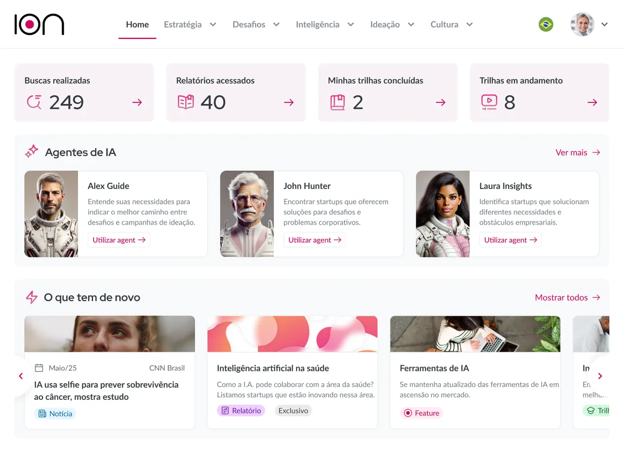 Tela inicial da plataforma ÍON com buscas, relatórios, trilhas e os Agentes de IA